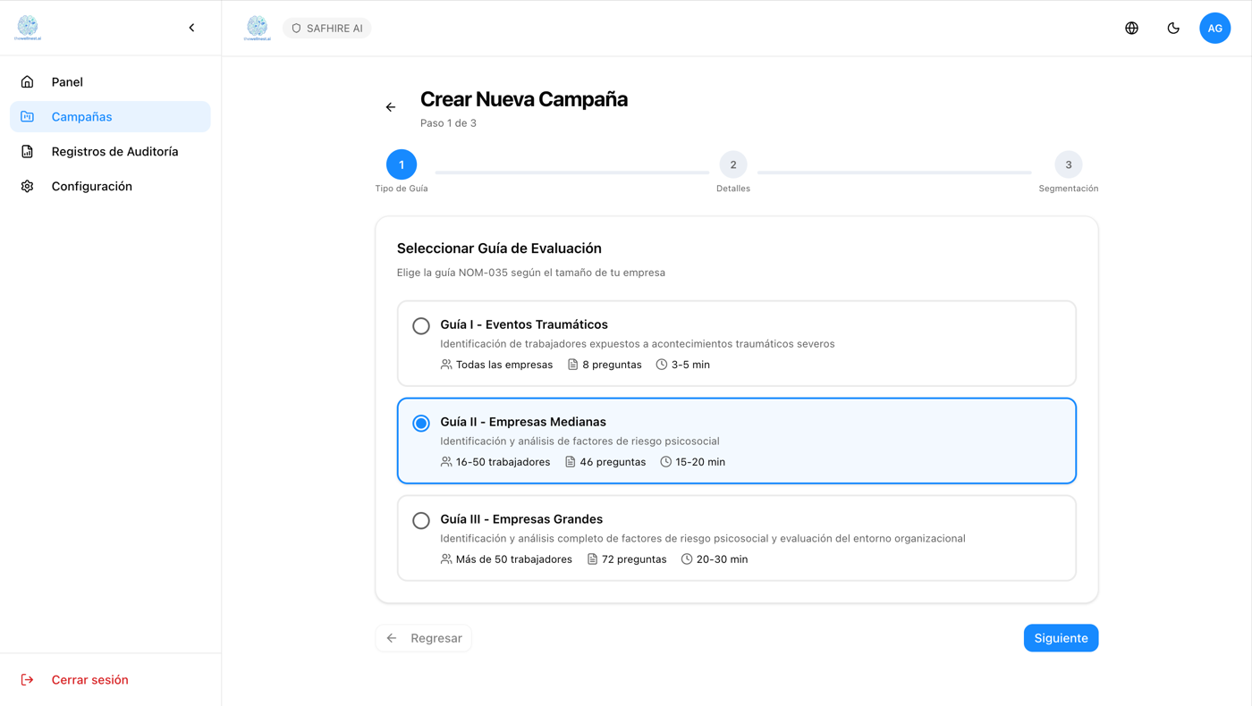Creacion de campana con seleccion de Guia NOM 035