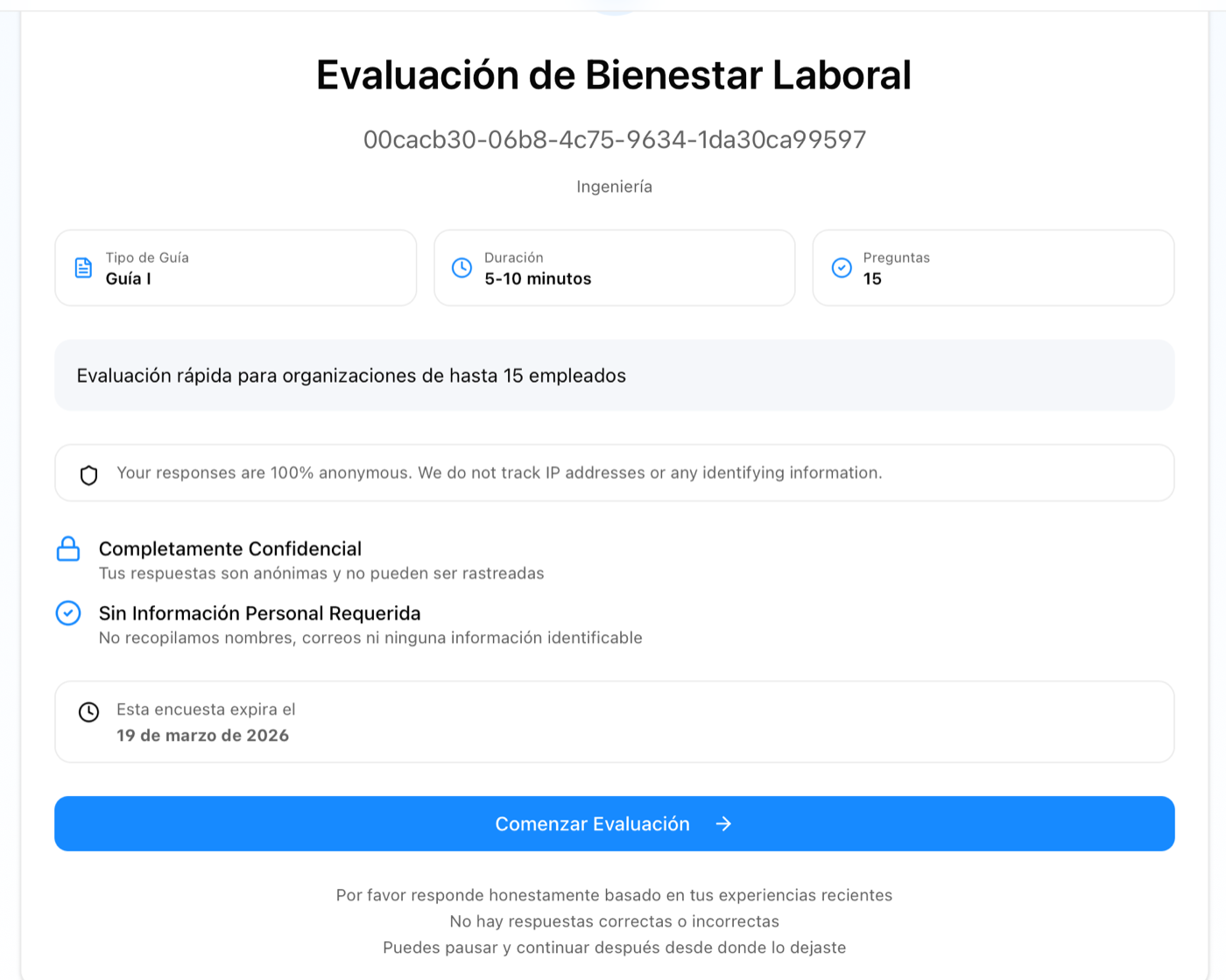 Inicio de evaluacion de bienestar laboral con guia y tiempo estimado